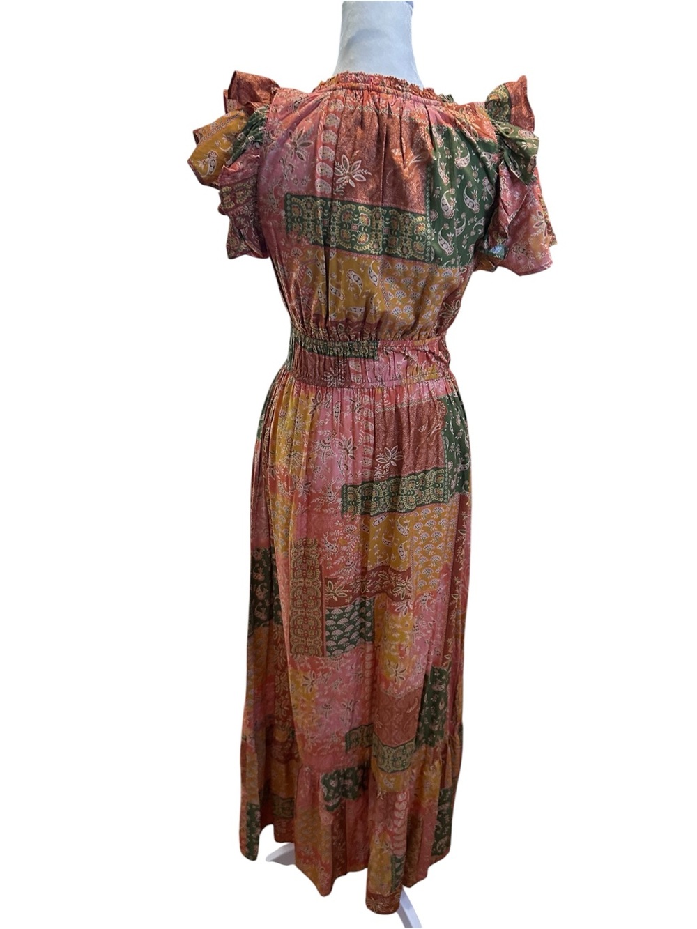 Bila Patchwork Boho Maxi Dress Ruffle Sleeve Plunge Neck Size XS/S - Picture 4 of 9